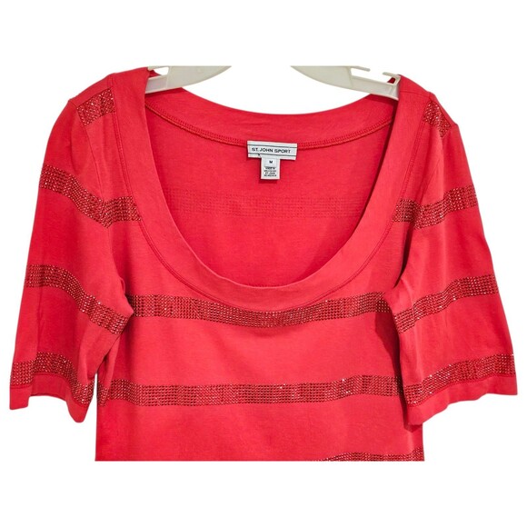 St. John Top Shirt Womens M Red T-Shirt Rhinestones Embellished Short Sleeve - Picture 9 of 16